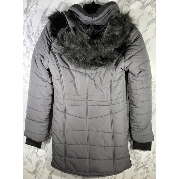 Maralyn & Me Womens Juniors Long Puffer Coat With Faux Fur Hood & Side Zippers - Picture 2 of 12